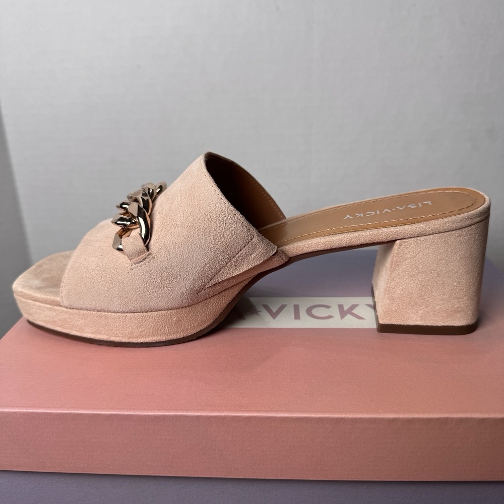 Lisa Vicky Magnetic2V Tinder Pink Suede SlipOn Heel‎ Sandal Gold Chain 7M New - Picture 3 of 8